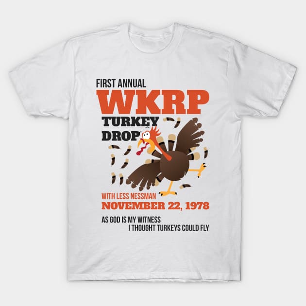 WKRP Thanksgiving Turkey Drop Thanksgiving Turkey Dinner Gift Funny T-Shirt T-Shirt by artbyabbygale